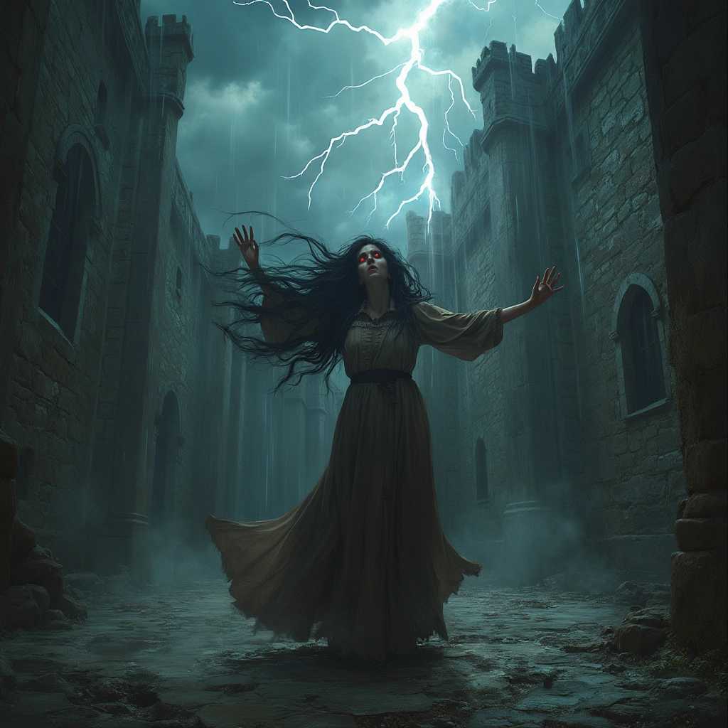 A mystical scene set within the imposing stone walls of an ancient castle courtyard. At the center stands Carmine Menendez, a woman with long, flowing black hair. Her hair whips around her face wildly as she exudes an air of wrath and intensity. She wears a traditional peasant dress, rich in fabric texture, with earthy tones that contrast sharply with her fiery aura. Her eyes, glowing a menacing red, pierce through the stormy darkness around her. Arms outstretched towards the heavens, she conjures a powerful storm, summoning lightning and thunder. The dark clouds above swirl menacingly, casting heavy shadows across the courtyard, only occasionally punctuated by blinding flashes of lightning. The atmosphere is charged with electric energy, moisture from the impending downpour, and the booming echoes of thunder, creating a sense of impending doom. Carmine stands to the left of the frame, captured from a low-angle perspective to emphasize her dominance and the chaotic energy around her. The castle walls loom in the background, adding to the grandeur and intensity of this otherworldly scene. In a dramatic, dark fantasy style, the image conveys tension, power, and the mystic arts at play.