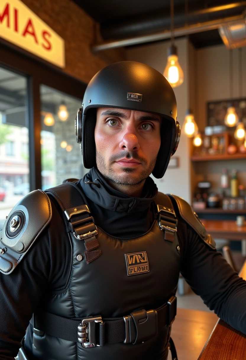 Man in tactical gear sitting at a bar counter