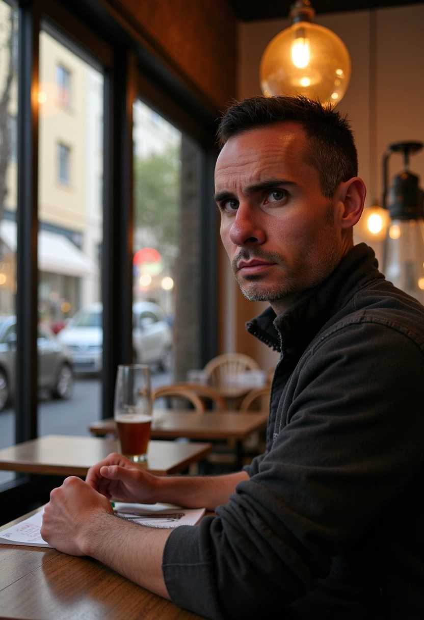 a photo of BLOVE,  man in a cafe in lisbon, looking at the camera