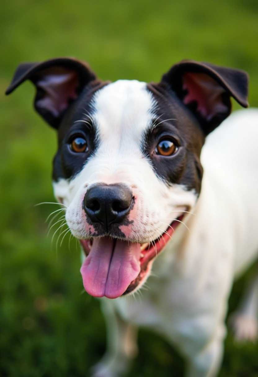 This image captures a closeup of a dogs face, with a focus on its expressive features and the surrounding environment. The dog appears to be a Pitbull Terrier, recognizable by its muscular build, short snout, and cropped ears. The ears are perked up, and the dogs eyes are wide and attentive, giving it a somewhat curious or expectant expression.The dogs coat is predominantly white with distinct black patches on the head, ears, and back. The black patches on the head form a heart shape, which is a common trait in some Pitbull Terriers. The fur appears to be short and smooth, with no visible mats or tangles.The dogs tongue is hanging out, which often indicates that it is panting, a common behavior in dogs when they are hot or exerting themselves. The pink tongue contrasts with the white fur, drawing attention to the relaxed state of the dog.The background of the image is a soft focus on green grass, suggesting that the dog is outdoors. The grass appears to be wellkept and lush, with no visible weeds or imperfections, indicating a clean and possibly manicured lawn. The lighting in the image is natural, with a warm tone that suggests it was taken during the daytime.The art style of the image is realistic, with attention to the textures and details of the dogs fur and the grass. The medium used to create the image is not specified, but it appears to be a highquality photograph due to the clarity and sharpness of the details.Overall, the image conveys a sense of warmth and friendliness, with the dogs relaxed demeanor and the inviting greenery of the outdoor setting.