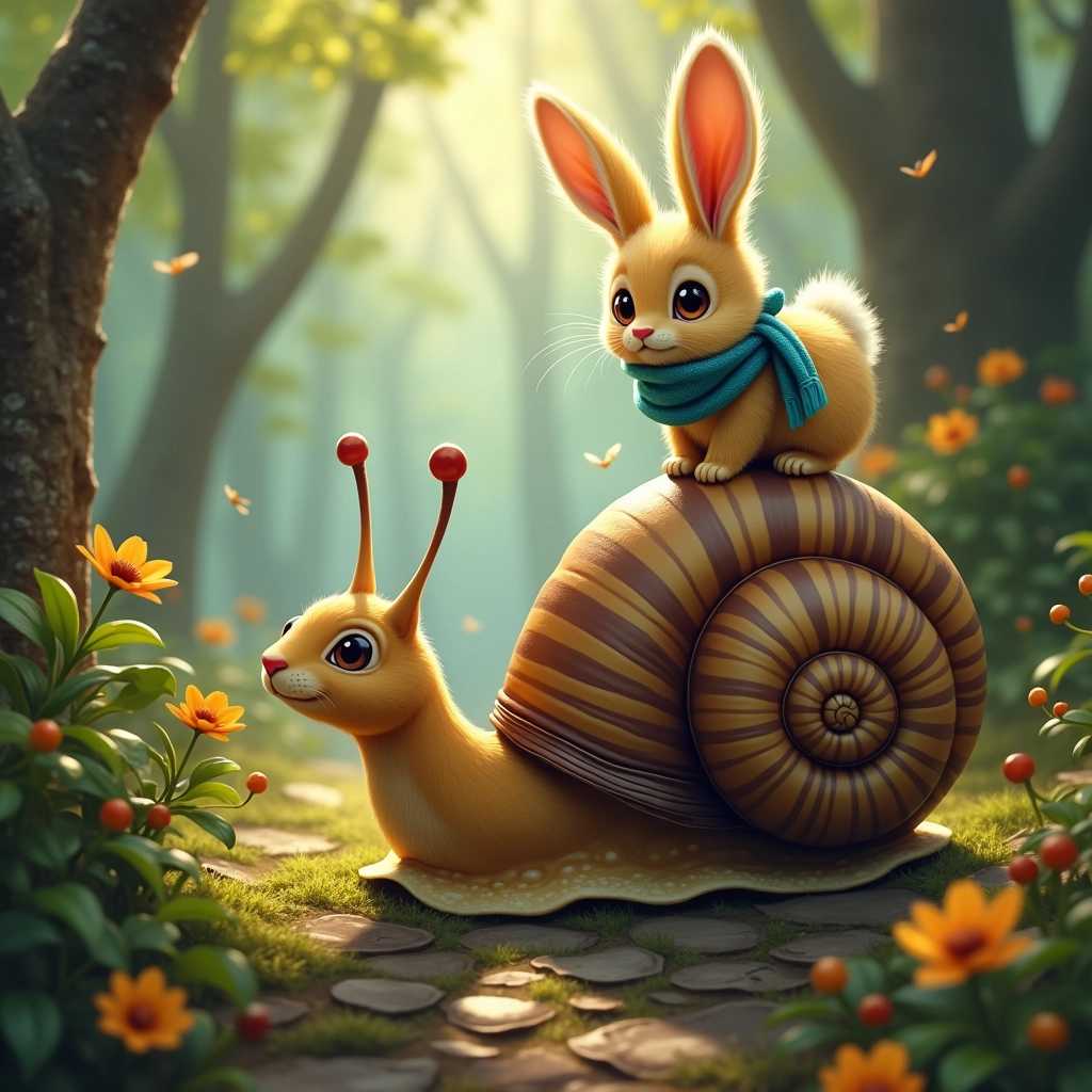 Imagine a magical forest where fantastical creatures coexist harmoniously. In the center of this enchanting scene, a friendly giant snail with a striped shell of browns and yellows ambles along a leafstrewn path. Perched atop its shell is a small, fluffy rabbit with a soft golden coat and a blue scarf around its neck, looking out with wide, curious eyes. The forest is alive with the rustle of leaves and the distant hum of insects, and the air is filled with the scent of blooming flowers. Sunlight filters through the canopy, casting a warm glow and creating a dreamlike quality to the entire tableau.