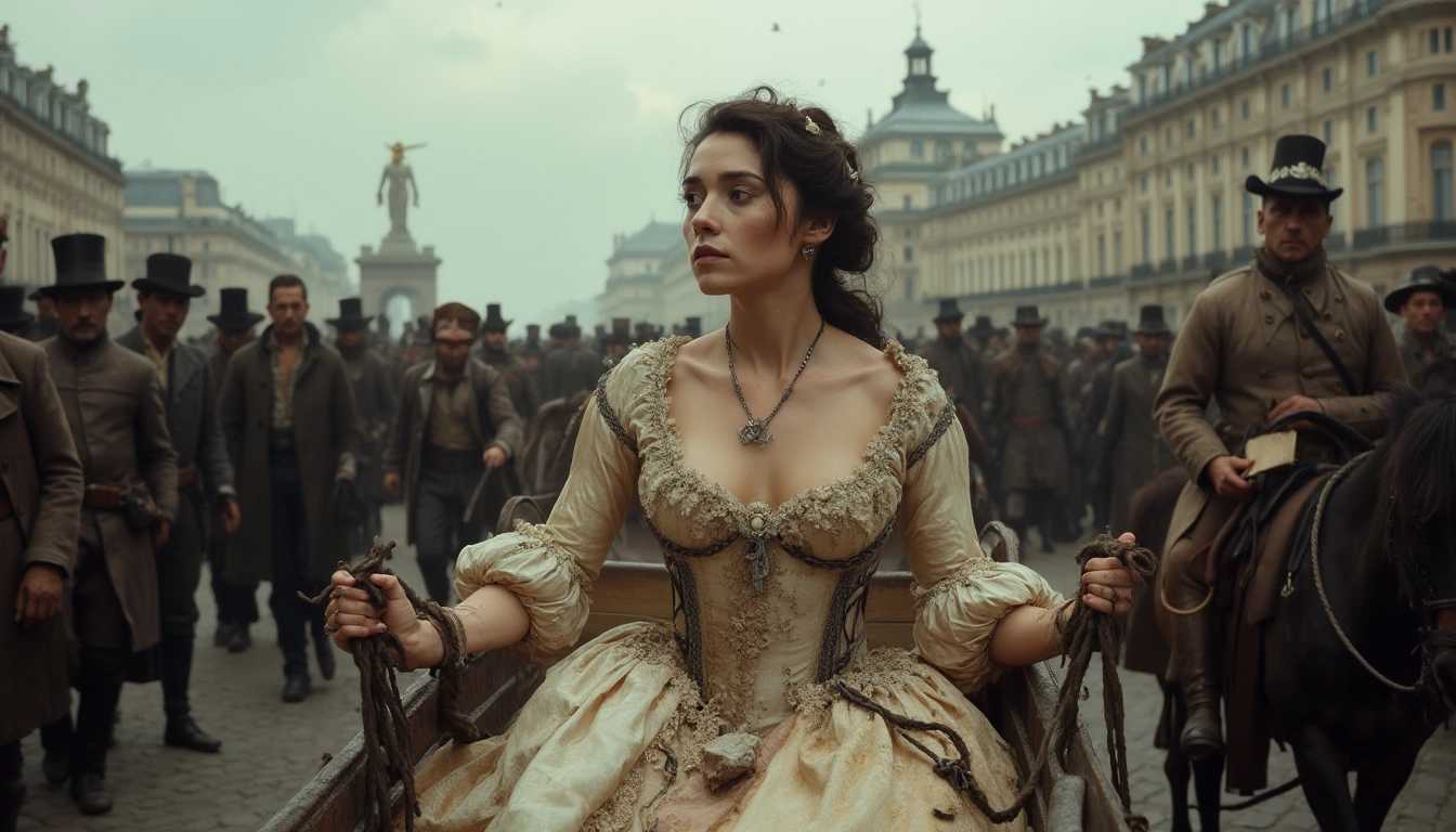 A tired-looking, yet strikingly beautiful aristocratic French woman, with delicate features and intricate attire, is captured in a poignant moment during the French Revolution. The scene is set in 1783, as she is carried in a humble, worn donkey cart to the Guillotine in the Place de la Concorde, Paris. In the distance behind her is the frame of the Guillotine. The cobblestone streets are lined with anxious, somber faces that reflect the intense, dramatic light of a cloudy afternoon. Her elaborate 18th-century gown, though now tattered, torn,  and dirty, hints at her former grandeur with luxurious silk fabrics, lace trimmings, and muted pastel colors. The camera captures this scene from a low angle, slightly to the side, emphasizing the contrasting emotions of despair and dignity.  Her hands are tied together with rough ropes, and her face is dirty. The atmosphere is tense yet melancholic, with the overcast sky casting a soft, diffused light over the entire scene. The backdrop of historic Parisian architecture looms in the background, details softened by the fog of revolution. This moment, rendered in a realist, painterly style akin to that of Jacques-Louis David, evokes a deep sense of history and pathos.