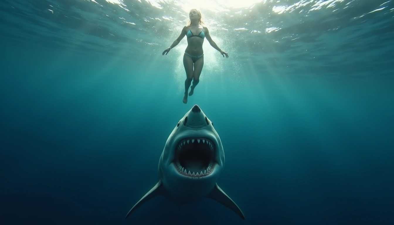 A half-submerged camera view where the image is split between above and under water, shows a bikini woman swimming with head over water in the ocean's surface. The camera captures her graceful, unaware movements, her form silhouetted against the bright, sunlit water above. Beneath the water, the deep blue ocean fades into darkness, from which a white shark emerges, its jaws wide open as it swims upward with deadly intent. The shark's body is menacing, with rows of sharp teeth glinting in the filtered sunlight. The contrast between the serene, carefree swimmer above and the terrifying predator below creates a sense of imminent danger, capturing the tense, thrilling essence of the scene.