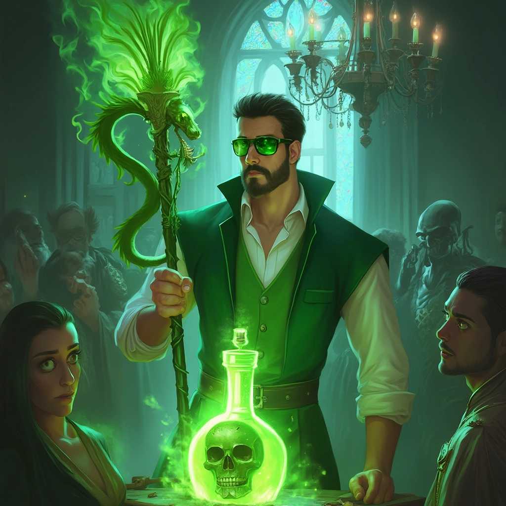 Create a fantasythemed digital artwork featuring a central male figure with a confident and somewhat mischievous expression, wearing a green and white outfit with a highcollared coat and a matching green vest. He has a goatee and is wearing a pair of green sunglasses. The character is holding a large, ornate green staff that seems to be made of a crystalline or magical material, with tendrils of green energy swirling around it. In the foreground, there is a glowing green potion bottle with a skull design on it, and a magical creature, resembling a green serpent, is coiled around the neck of the bottle. The creature has a humanoid face with a smug expression. The background is a dimly lit room with a grand chandelier and a stained glass window, giving the scene an enigmatic and mysterious vibe. The room is filled with various fantastical creatures and characters, including a female figure with dark hair and a surprised expression, a skeletal figure with a raised hand, and a muscular figure with a beard, all dressed in medieval or fantasy attire. The color palette is rich with greens, whites, and dark tones, with highlights of magical light and energy throughout the scene. The overall atmosphere is one of mystery, power, and otherworldliness.