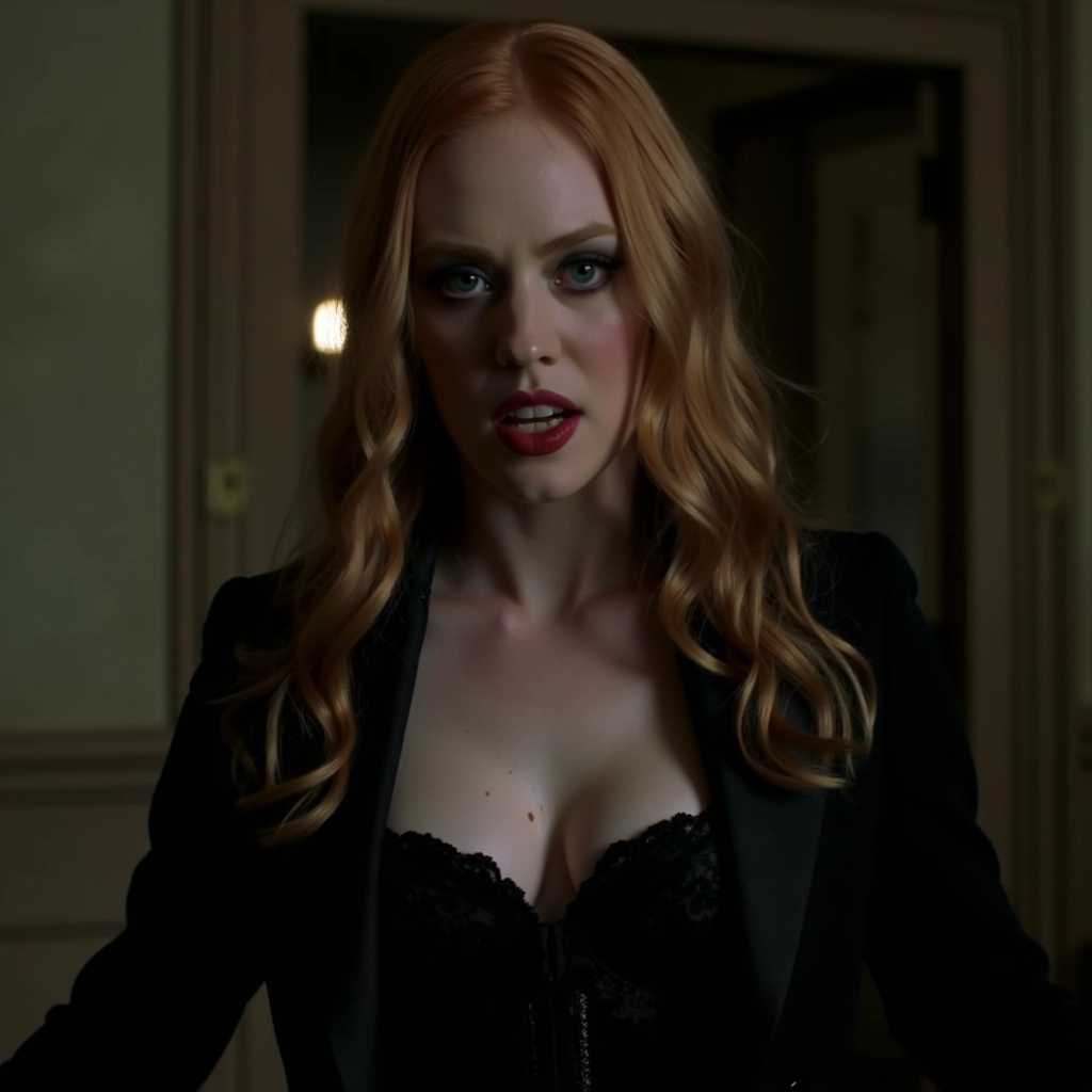 a photo of Deborah Ann Woll, she portrays a scary vampire with fangs and black attire