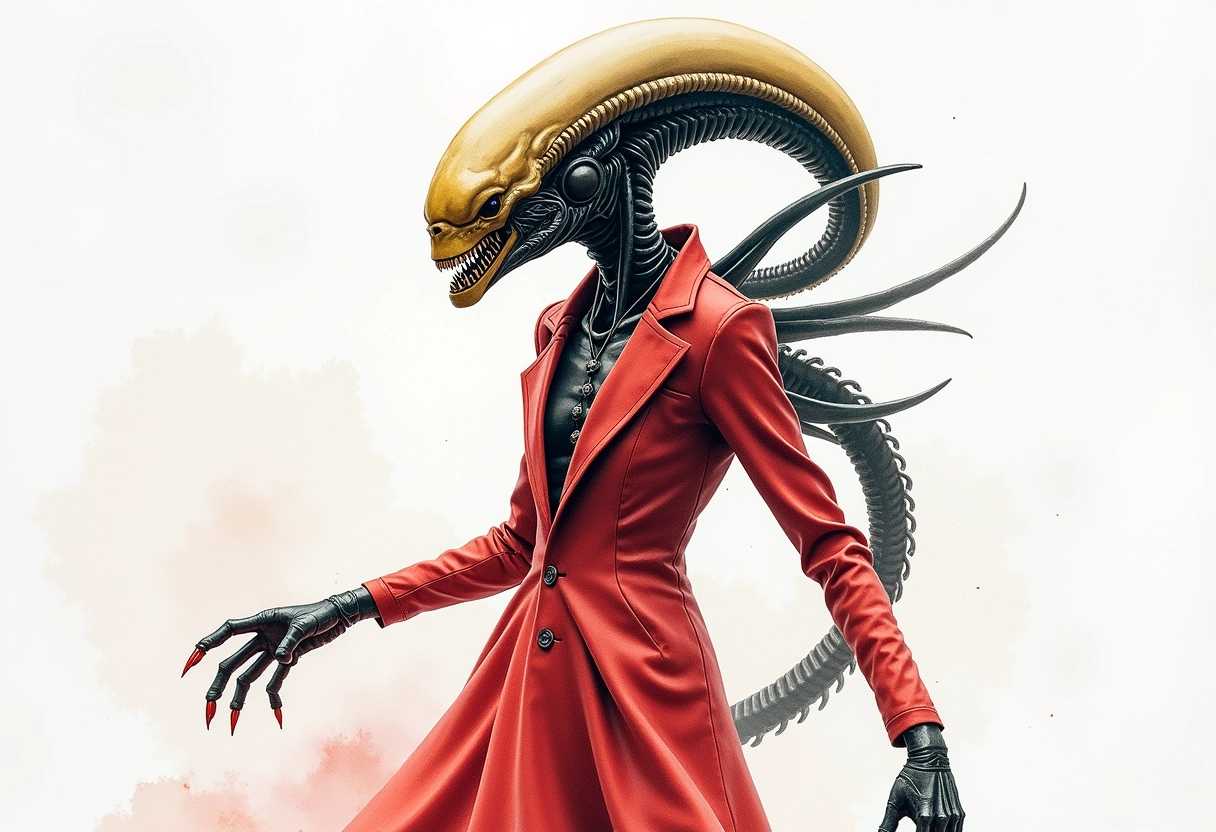 ArsMJStyle, Watercolor style, a picture of a xenomorph alien posing for a fashion show