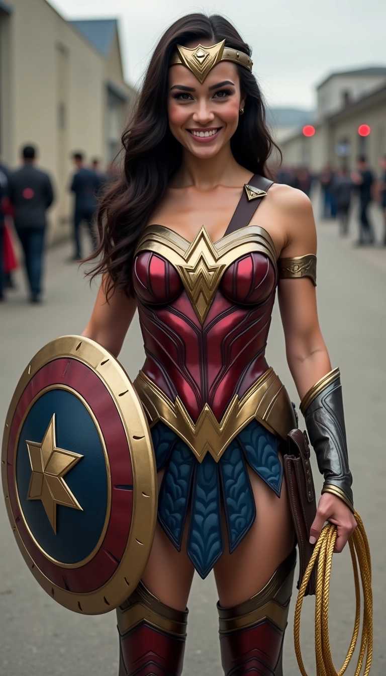 This image features a person dressed in a detailed wonder woman costume that evokes the iconic attire of Wonder Woman, a popular superheroine from the DC Comics universe. The costume is rich in texture and color, primarily in shades of red, gold, and blue, with accents of black and brown. The design is intricate, with a mix of metallic and leatherlike materials, and the costume includes a bodice with a high neckline and a fitted waist, leading down to a skirt that appears to be made of scalelike armor plates.The person is also wearing a headpiece that resembles a tiara, with a central emblem that is reminiscent of the Wonder Woman logo. They are holding a shield in their left hand, which has a circular shape with a raised edge and is adorned with a golden border and a central emblem, also echoing the Wonder Woman logo. The shield is attached to a strap that crosses the body and is fastened at the back.In the right hand, the person is holding a golden lasso, which is coiled and ready to be thrown. The lasso is attached to a wristband that matches the golden color of the lasso.The person is standing against a neutral background, which allows the focus to remain on the costume and accessories. The lighting is soft and even, highlighting the textures and colors of the costume without casting harsh shadows. The overall art style is realistic, with attention to the details and materials of the costume. The medium appears to be a high-resolution photograph, capturing the costume with clarity and depth.

Background stands in the far distance, deadpool smiling in an industrial area