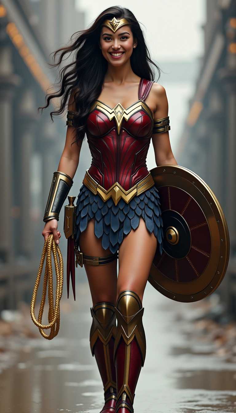 This image features a person dressed in a detailed wonder woman costume that evokes the iconic attire of Wonder Woman, a popular superheroine from the DC Comics universe. The costume is rich in texture and color, primarily in shades of red, gold, and blue, with accents of black and brown. The design is intricate, with a mix of metallic and leatherlike materials, and the costume includes a bodice with a high neckline and a fitted waist, leading down to a skirt that appears to be made of scalelike armor plates.The person is also wearing a headpiece that resembles a tiara, with a central emblem that is reminiscent of the Wonder Woman logo. They are holding a shield in their left hand, which has a circular shape with a raised edge and is adorned with a golden border and a central emblem, also echoing the Wonder Woman logo. The shield is attached to a strap that crosses the body and is fastened at the back.In the right hand, the person is holding a golden lasso, which is coiled and ready to be thrown. The lasso is attached to a wristband that matches the golden color of the lasso.The person is standing against a neutral background, which allows the focus to remain on the costume and accessories. The lighting is soft and even, highlighting the textures and colors of the costume without casting harsh shadows. The overall art style is realistic, with attention to the details and materials of the costume. The medium appears to be a high-resolution photograph, capturing the costume with clarity and depth.

Background stands in the far distance, deadpool walking towards camera, smiling in an industrial area