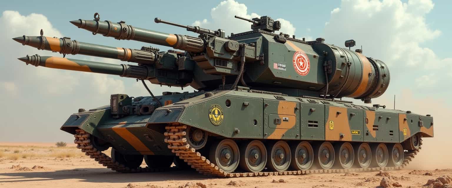 hyper-realistic, photojournalistic style, apocalyptic war machine with massive missiles, heavy machine guns, and oversized cannons. Urban camouflage and rugged design for intense post-apocalyptic combat, words "Made in the USA"