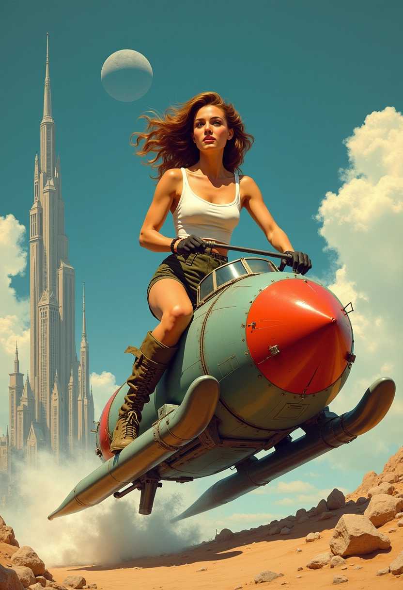 1950's sci-fi illustration style, woman riding military rocket-sled , futuristic city in background, best quality, fantastic quality, ultra detailed 
