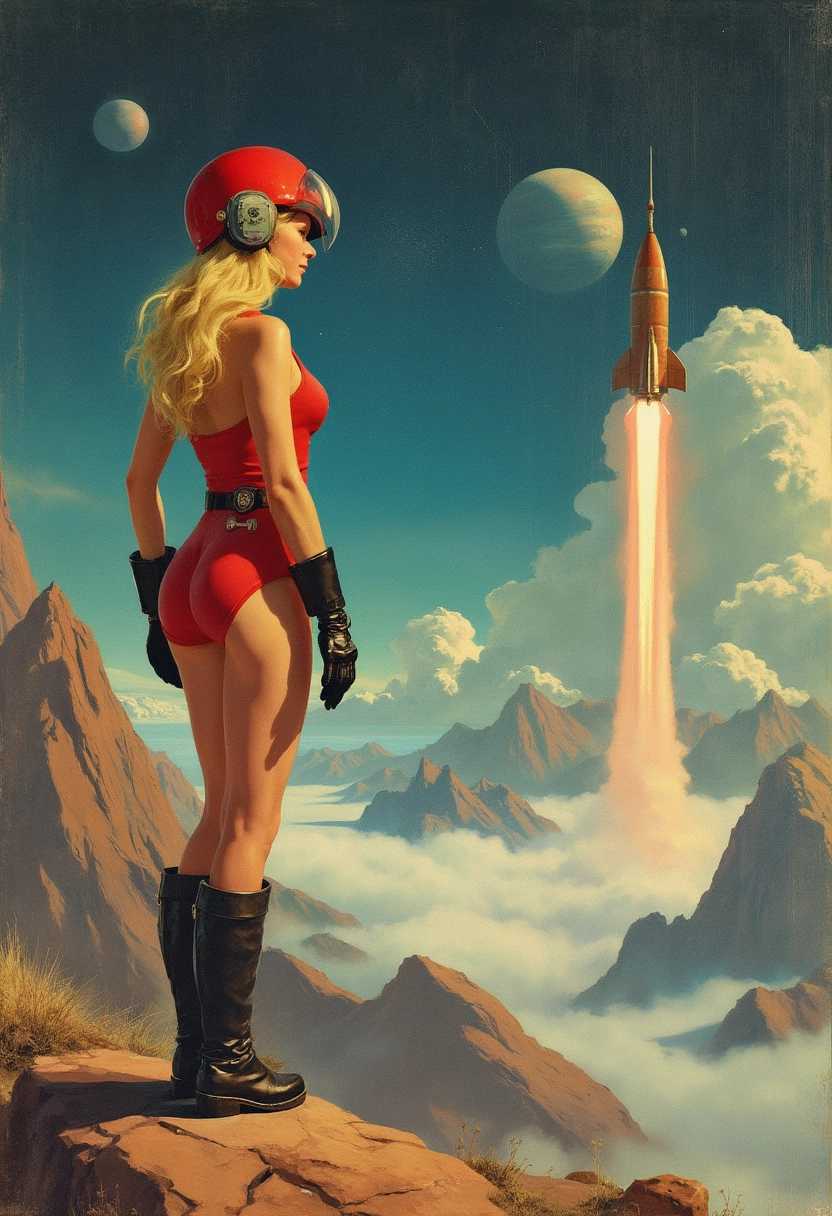 1950's illustration style, 1girl: (a perfect hourglass figure blonde sexy-leotard gloves boots retro-helmet utility-belt) looking at a retro_rocket in the distance, back: (a mountains, nebula, planets), extremely detailed, high quality, masterpiece