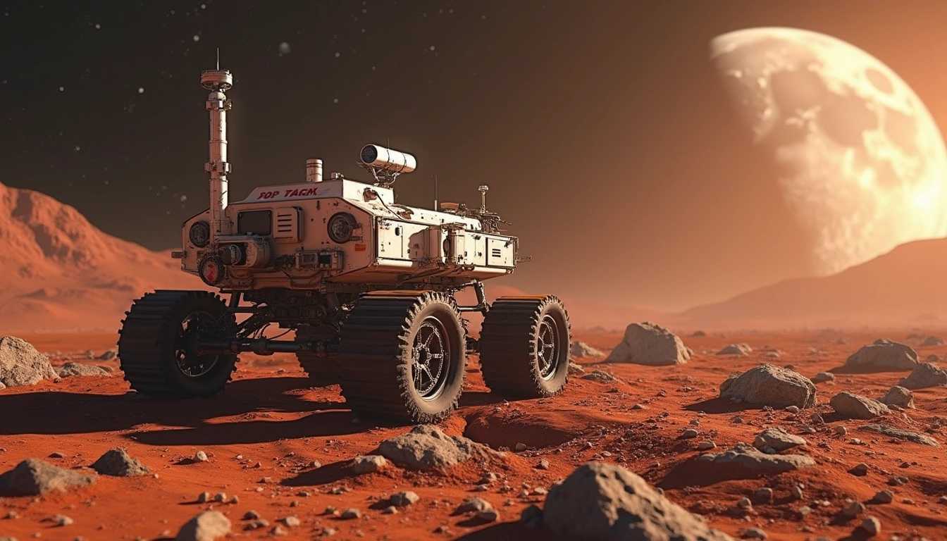 moon rover on Mars with the words "SpaceX" written on the side