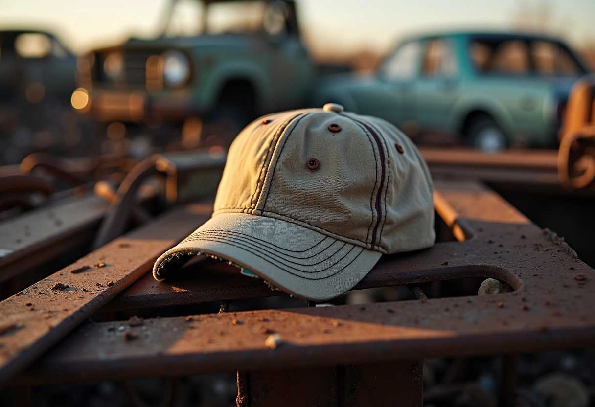 A solitary baseball cap, weathered and frayed, resting atop a heap of scrap metal in an old scrapyard. The cap, once vibrant, now displays faded colors and a torn brim, telling stories of its past. Rusted metal beams, broken machinery parts, and discarded car frames surround it, creating a chaotic yet intriguing background. The scene is bathed in the soft, golden light of late afternoon, casting long shadows and highlighting the textures of the rusty surfaces. The overall mood is nostalgic and melancholic, evoking a sense of forgotten memories and decay. The image is captured with a shallow depth of field, focusing sharply on the cap while the background remains slightly blurred, emphasizing the cap as the central subject. The composition is a close-up shot from a low angle, adding depth and perspective to the scene.