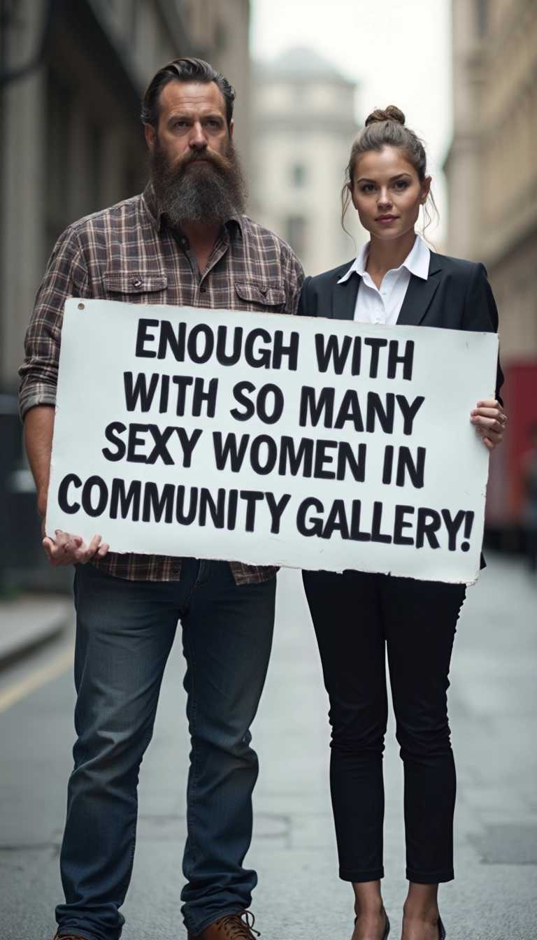 A full-body shot of a man and a woman standing side by side, both holding a large, rectangular sign that reads "ENOUGH WITH SO MANY SEXY WOMEN IN COMMUNITY GALLERY!" in bold, capital letters. The man on the left wears a casual, yet slightly rugged outfit — a plaid shirt tucked into well-worn jeans and sturdy boots. He has a thick beard and a determined expression. The woman on the right is dressed in professional attire, sporting a blazer over a simple blouse and tailored pants, with her hair neatly tied back and a look of resolute determination on her face. 

The sign they hold is white with bold, black text that stands out clearly. They are positioned against an urban backdrop with a slightly blurred city street in the background to keep the focus on the subjects. The lighting is natural daylight, casting soft shadows and giving the scene a realistic feel. The camera angle is eye-level, making the viewer feel directly engaged with the subjects. 

The overall composition conveys a sense of urgency and purpose, with the smooth textures of their clothing contrasting against the gritty urban environment. The mood is serious and intense, reflecting their impassioned stance on the issue at hand. The image employs a modern, photojournalistic style, capturing a moment of