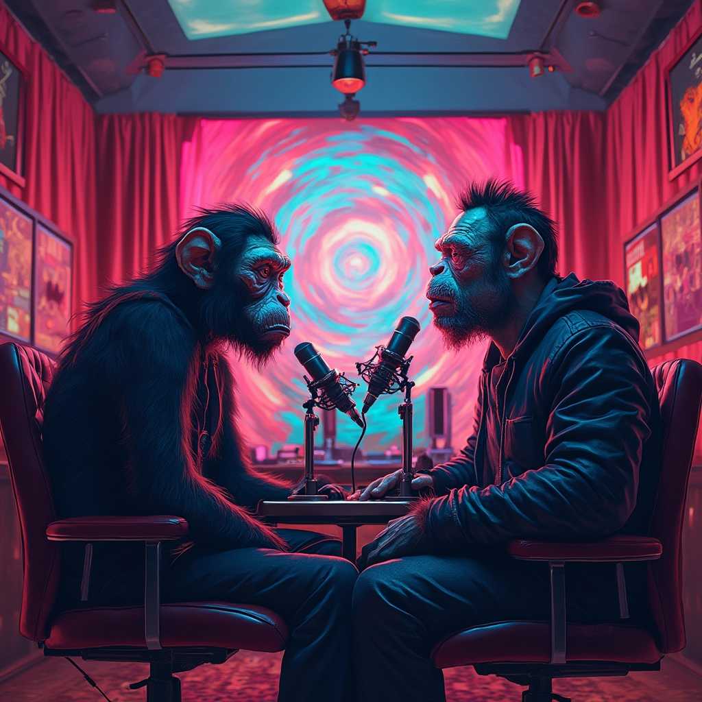 Joe Rogan and Elon Musk at the iconic Joe Rogan podcast studio, transformed to resemble lively and expressive monkeys. The studio is filled with vibrant, swirling psychedelic colors and patterns. The lighting is surreal, casting neon glows and shadows that create an otherworldly atmosphere. The camera angle is at eye-level, capturing both of them seated across from each other, their expressions animated and reminiscent of mischievous primates. The background features the signature red curtains and microphone setups, but with an added layer of trippy, colorful visual distortions and abstract shapes. The overall mood is fantastical and mind-bending, as if the scene is taking place in an alternate, psychedelic reality. High detail, photorealistic illustration with a fantasy surrealism style, capturing the bizarre and extraordinary nature of the moment.