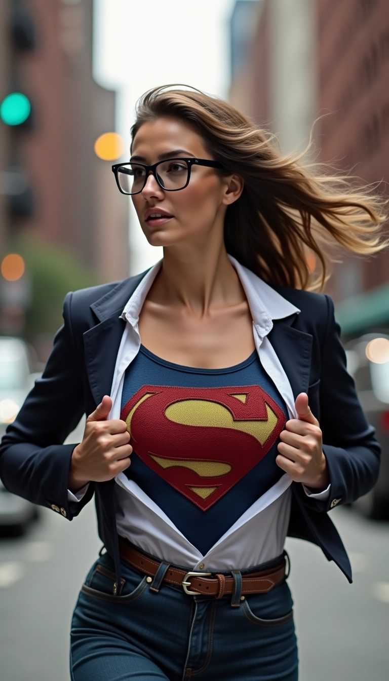 realistic photography close-up female superman opening up his shirt with his superman outfit underneath, wearing glasses, running, motion, looking at viewer. Background a metropolis city street