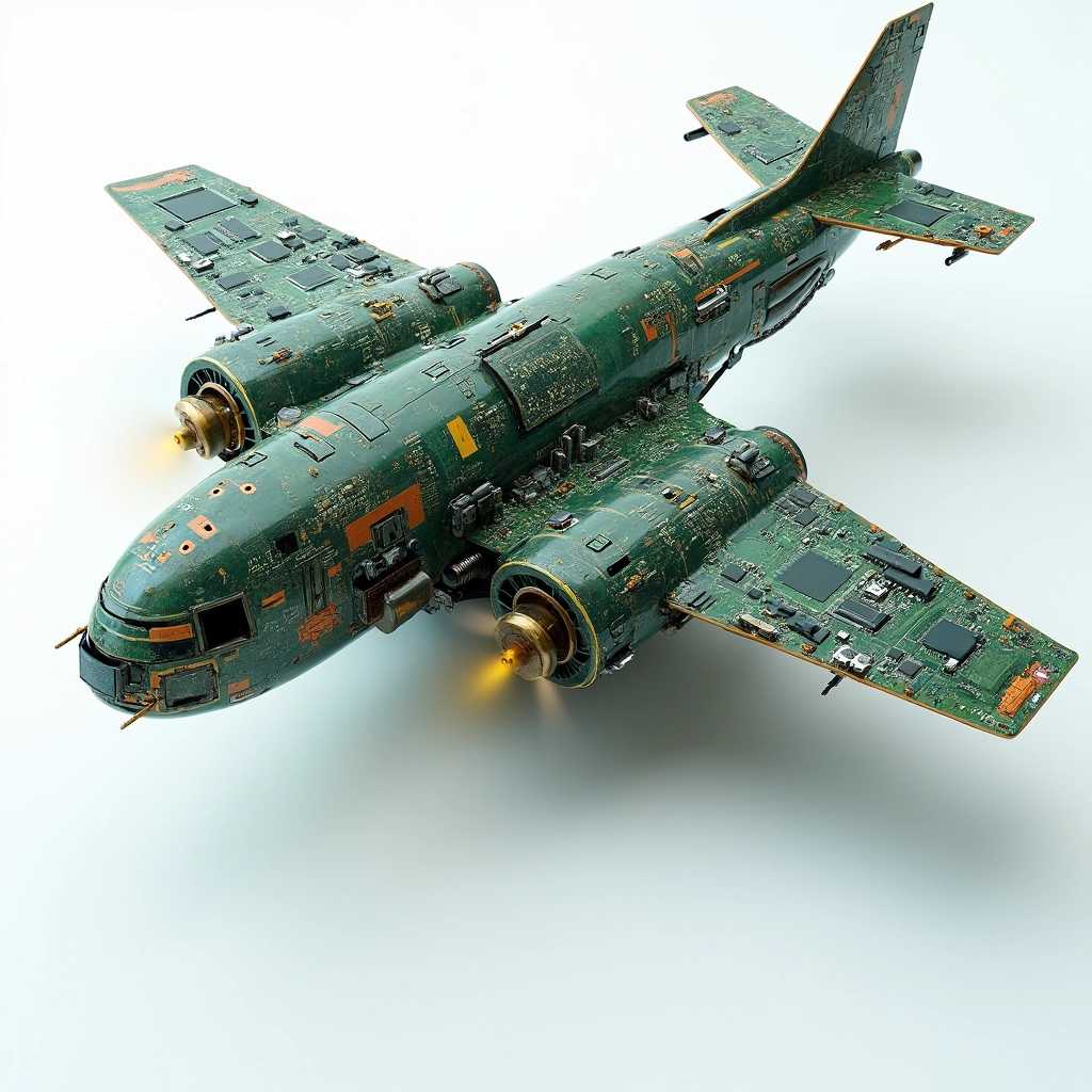 A highly detailed, futuristic  robotic cybernetic plane constructed entirely from electronic components, including motherboards and printed circuit boards (PCBs).