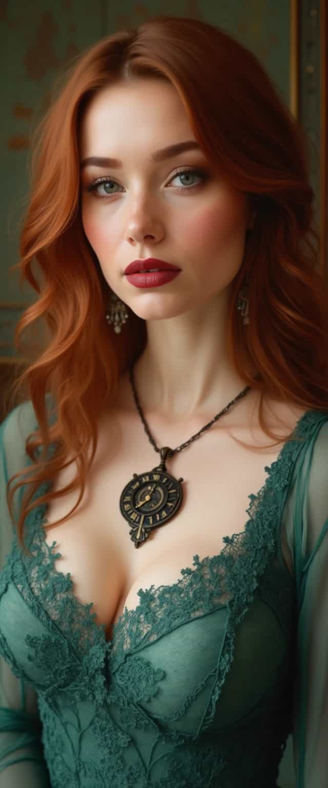 This image is a portrait of a person with auburn hair, styled in loose waves that cascade over one shoulder. The hair has a natural, sunkissed look with subtle highlights and lowlights that give it depth and dimension.The person is wearing a teal green garment with a delicate lace overlay that creates a sheer, textured fabric. The lace has a floral pattern with scalloped edges, adding a romantic and intricate touch to the overall look. The garment is formfitting, accentuating the figure without being overly revealing.Around the neck, there is a pendant necklace with a black and gold design that features a central, ornate clock face. The clock hands are gold, and the numerals are black, which stands out against the dark background of the pendant. The chain is thin and delicate, allowing the pendant to take center stage.The persons makeup is done with precision, featuring defined eyebrows, smoky eyeshadow, and a matte lipstick in a shade of deep red. The red lipstick provides a bold contrast to the cool tones of the hair and garment, drawing attention to the subjects face.The background is a soft blur of muted greens and browns, suggesting an indoor setting with wooden elements. The lighting is warm and diffused, casting a gentle glow on the subjects skin and hair, and creating a soft shadow behind the subject that adds depth to the composition.The overall art style of the image is realistic with a touch of romanticism, emphasized by the intricate lace and the vintage clock pendant. The medium appears to be a highresolution photograph, capturing fine details and textures with clarity. The colors are harmonious, with a balance between cool and warm tones, creating a visually pleasing palette.