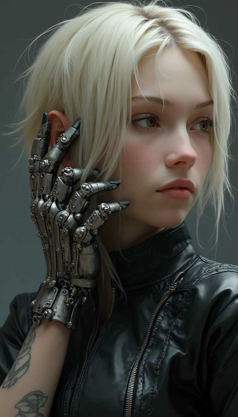 This image is a digital artwork that presents a closeup of a persons head and upper torso. The subject has a cybernetic prosthetic hand, which is the focal point of the image. The prosthetic hand is highly detailed, with a metallic finish and mechanical joints that are articulated in a way that suggests movement and functionality. The fingers are tipped with black, which contrasts with the silver and bronze tones of the prosthetic.The persons hair is short and has a bleached blonde color with darker roots, giving it a somewhat disheveled appearance. The hair is swept to the side, revealing the side profile of the head and the prosthetic hand. The person is wearing a black leather jacket with a zipper that runs down the front, and there is a visible tattoo on the left arm, which is partially obscured by the prosthetic hand.The art style of the image is realistic with a touch of digital manipulation, as evidenced by the smooth skin texture and the intricate details of the prosthetic hand. The medium appears to be digital painting, given the seamless blending of colors and the lack of brush strokes.The colors in the image are muted, with a predominance of black, gray, and shades of blonde. There are subtle highlights and shadows on the prosthetic hand and the jacket, which add depth and realism to the image. The overall color palette is cool, with a slight warmth from the skin tones.The objects in the image are primarily the cybernetic prosthetic hand and the persons hair and clothing. The prosthetic hand is the most prominent object, drawing the viewers attention to the fusion of human and technology. The hair and clothing add to the overall aesthetic of the image, contributing to the cyberpunk or futuristic vibe that the artwork conveys.