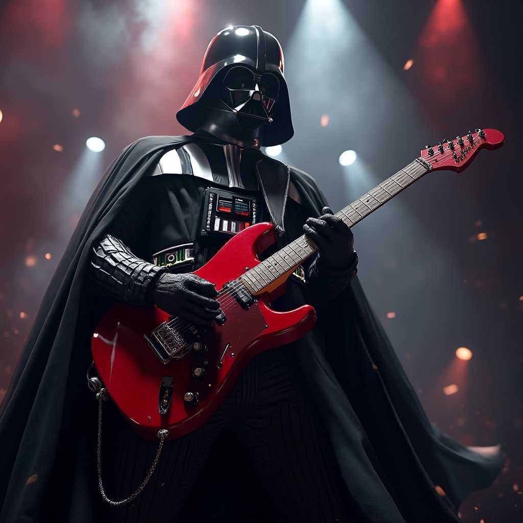A high-resolution, dynamic portrait of Darth Vader playing a shiny, red Stratocaster electric guitar. The scene is set on a dramatic stage with a dark, smoky backdrop, illuminated by intense, focused spotlight beams that cast sharp, contrasting shadows. Darth Vader, in full armor with his iconic black cape flowing, is positioned center stage, holding the guitar with confident posture. His left hand deftly forms chords on the fretboard while his right hand strums energetically. The guitar gleams under the bright stage lights, reflecting vivid reds and deep blacks. The atmosphere is electrifying, enhanced by swirling fog and sparks of light, evoking a sense of power and intensity. The composition is captured with a wide-angle lens from a slightly low perspective, emphasizing the grandeur and dominance of the character. The artistic style blends photorealism with a touch of cinematic flair, ensuring that every detail—from the textures of Darth Vader’s suit to the strings of the guitar—pops with clarity and vibrancy. The mood is dark and epic, reminiscent of a legendary rock concert combined with the formidable presence of the Sith Lord.