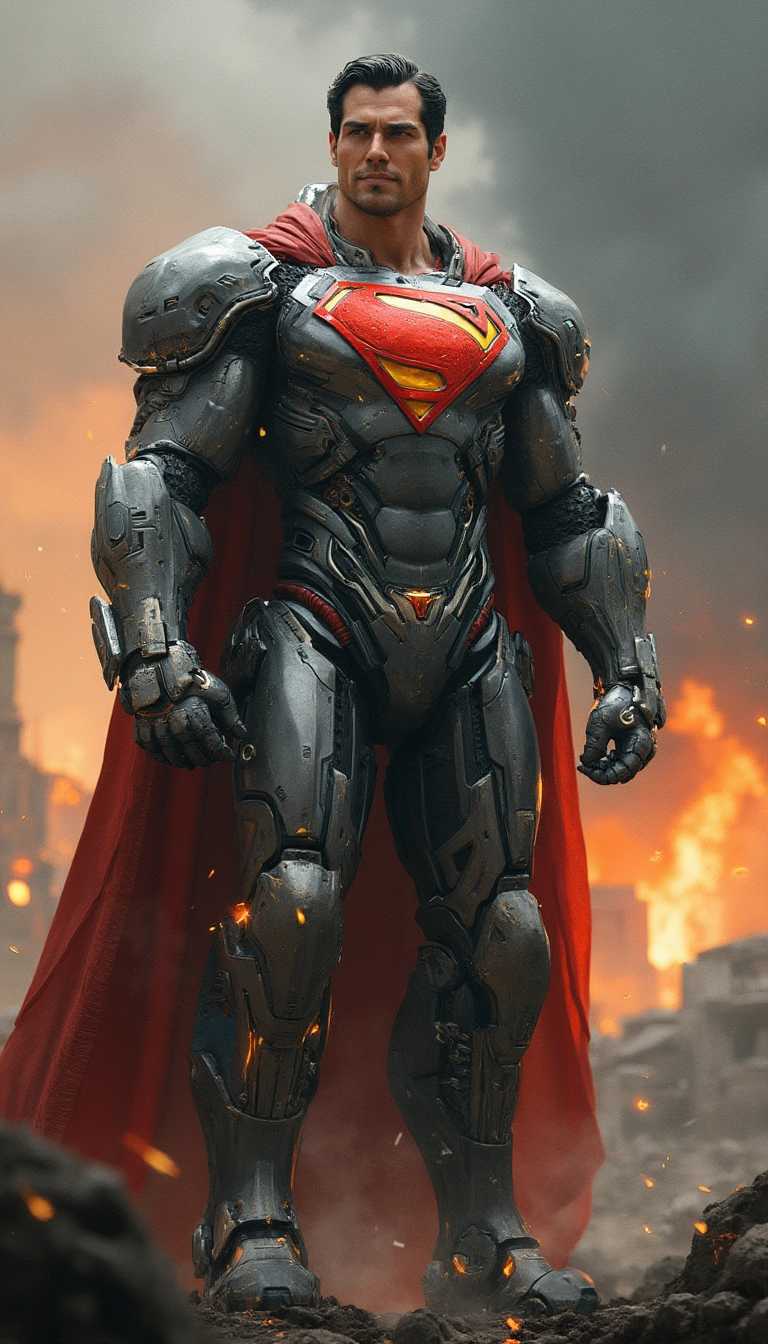 This image is a digital artwork that features a highly detailed and intricate depiction of a humanoid superman figure in a powerful, armored suit. he is smiling. The art style is reminiscent of science fiction and cyberpunk superman, with a focus on mechanical and futuristic elements. The medium appears to be a digital painting, utilizing advanced rendering techniques to create a realistic and textured visual effect.The colors in the image are rich and varied, with a predominance of metallic grays, silvers, and blacks, punctuated by vibrant reds and oranges. These colors give the armor a sleek, hightech appearance, while the red accents on the chest and wrist add a pop of color that draws the eye. The background is a chaotic blend of fiery oranges and yellows, with dark, smoky grays, creating a sense of destruction and intensity.The objects in the image are primarily the armored figure and its surroundings. The figures suit is a marvel of engineering, with intricate details that suggest a complex internal structure, possibly powered by advanced technology. The suit is adorned with various mechanical parts, including gears, conduits, and what appear to be weaponry or energy emitters. The figures hands are particularly detailed, with articulated fingers and knuckles, and the suits gauntlets are equipped with what could be energy weapons or other hightech gadgets.The background of the image is a scene of devastation, with the remains of what could be buildings or vehicles, engulfed in flames and smoke. The destruction suggests a battle or catastrophic event, setting a dramatic and intense mood for the artwork. The overall composition of the image is dynamic, with the figure standing prominently in the foreground, commanding attention, while the chaotic background adds to the sense of action and peril.