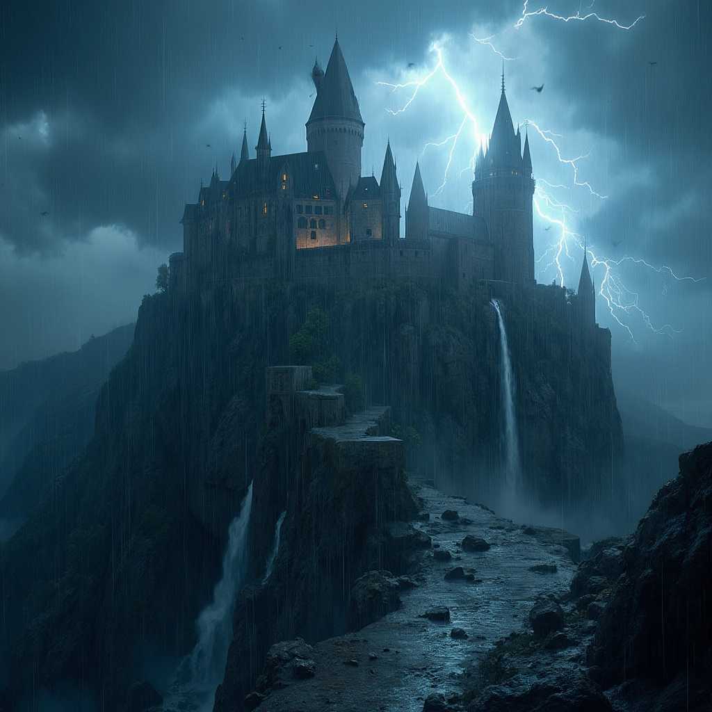 A majestic, medieval castle perched on a rugged mountaintop, illuminated by the sporadic flashes of lightning from a fierce thunderstorm. The castle's towering spires and battlements stand stark against the dark, stormy sky, with clouds swirling ominously overhead. Rain pours down in sheets, glistening on the stone walls and creating rivulets that cascade down the rocky slopes. The scene is bathed in a dramatic contrast of deep shadows and brilliant, electric light. The perspective is from a slightly low angle, emphasizing the imposing grandeur of the castle and the sheer drop of the mountaintop. The overall mood is intense and foreboding, with the tempestuous weather adding to the sense of isolation and power. The texture of the castle’s aged stone is highlighted by the wet sheen from the rain, while the landscape surrounding it is a blur of wind-driven rain and dark, jagged rocks. The image is reminiscent of the Romantic era's dramatic and emotive style, captured with a high-definition, cinematic intensity. The lightning casts eerie, fleeting reflections on the slick surfaces, enhancing the gothic atmosphere of this storm-lashed fortress.