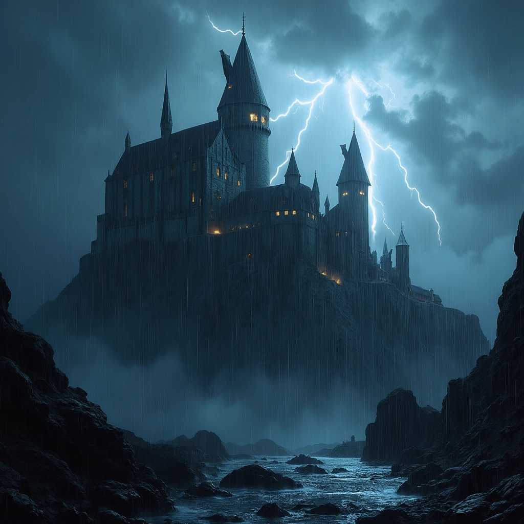 A majestic, medieval castle perched on a rugged mountaintop, illuminated by the sporadic flashes of lightning from a fierce thunderstorm. The castle's towering spires and battlements stand stark against the dark, stormy sky, with clouds swirling ominously overhead. Rain pours down in sheets, glistening on the stone walls and creating rivulets that cascade down the rocky slopes. The scene is bathed in a dramatic contrast of deep shadows and brilliant, electric light. The perspective is from a slightly low angle, emphasizing the imposing grandeur of the castle and the sheer drop of the mountaintop. The overall mood is intense and foreboding, with the tempestuous weather adding to the sense of isolation and power. The texture of the castle’s aged stone is highlighted by the wet sheen from the rain, while the landscape surrounding it is a blur of wind-driven rain and dark, jagged rocks. The image is reminiscent of the Romantic era's dramatic and emotive style, captured with a high-definition, cinematic intensity. The lightning casts eerie, fleeting reflections on the slick surfaces, enhancing the gothic atmosphere of this storm-lashed fortress.