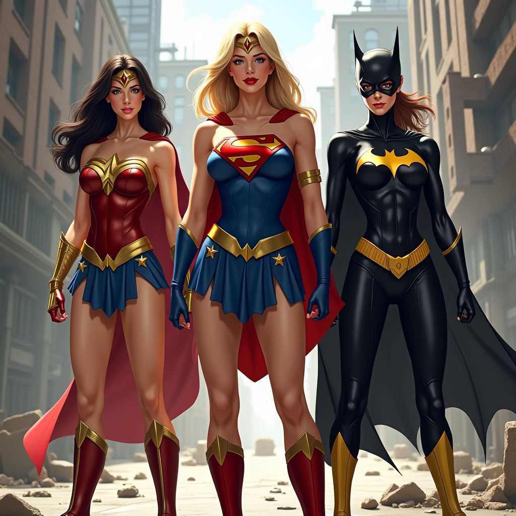 This image is a digital artwork that features three female superheroes in action poses. The art style is realistic with a touch of digital painting, evident in the smooth blending of colors and the lifelike rendering of the characters muscles and costumes. The medium appears to be a highresolution digital painting, given the clarity and detail in the image.The characters are dressed in iconic superhero costumes that are rich in color and detail. The left character is clad in a red and blue costume with gold accents, reminiscent of Wonder Womans attire, including a tiara on her head and a golden belt. Her costume is adorned with a golden emblem on the chest, which is a stylized S. She is wearing a red cape and boots, and her hair is long and dark.The central character is wearing a blue and red costume with a gold belt and boots, and a cape that billows behind her. The costume features a prominent S emblem on the chest, and she has blonde hair.The right character is dressed in a sleek black costume with gold and yellow accents, which is reminiscent of Batgirls outfit. Her costume includes a utility belt with a bat emblem, a black cape, and a mask that covers the lower part of her face. Her hair is brown and tied back.The background of the image is a cityscape with buildings that are in ruins, suggesting a scene of destruction or battle. The ground is littered with debris, and the lighting in the scene is dramatic, with shadows that give depth to the image and highlight the characters.The overall mood of the image is intense and actionpacked, with the characters poised for battle or rescue. The colors are vibrant and the lighting is dynamic, which adds to the dramatic effect of the scene. The digital painting technique used to create this image gives it a polished and professional look.