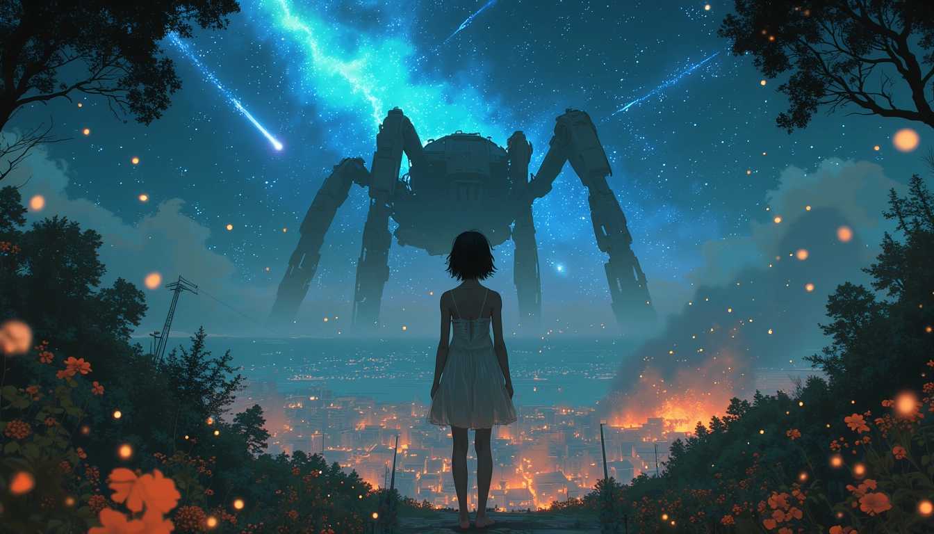 anime style, Perfect symmetrical composition, intricately detailed illustration. In the foreground center, a beautiful young woman in a thin, white babydoll dress stands in a park overlooking a seaside town. The scene is illuminated by a star-filled sky, with a couple of shooting stars streaking across the horizon. Fireflies fly high, blending seamlessly with the stars in the night sky. The overall atmosphere is serene, contrasting dramatically with the chaotic scene below, where a colossal robotic spider monster is destroying the seaside town. Buildings are ablaze, casting an orange glow that contrasts with the tranquil sky above. The woman stands with her back to the viewer, framed by the park's lush greenery and delicate flowers, creating a stark juxtaposition between the peaceful foreground and the apocalyptic destruction in the background. The illustration captures a sense of calm resilience amidst turmoil, with intricate details highlighting each element in the scene.