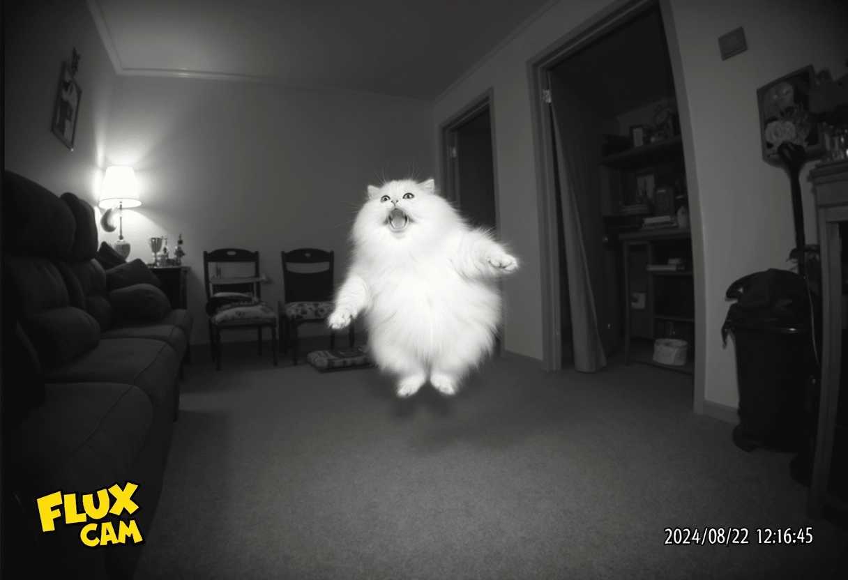Infrared security footage capture of a paranormal scene in a living room, depicting a fluffy fat cat floating in the air. The room is dimly lit with the characteristic grayscale tone of infrared imagery. The living room has a cozy, cluttered look with furniture visible in the background through the ghostly white glow. The cat, with its fur appearing ethereal and wispy, hovers about a foot off the ground, perfectly centered in the frame. There is a grainy, slightly pixelated texture to mimic real security footage. The timestamp "2024/08/22  12:16:45" is displayed in small, plain white text at the bottom right corner, while "FLUX CAM" in bold, yellow stylized text is located at the bottom left corner. The overall scene gives off an eerie, mysterious vibe, as if caught by an unseen eye, blending the mundane with the supernatural.
