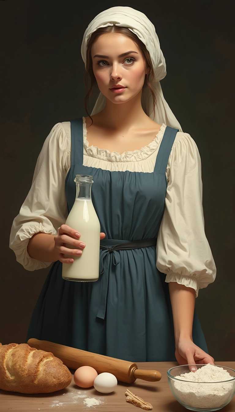 This image is a stylized representation of a person dressed in what appears to be a historical or traditional costume, reminiscent of European peasant attire from the 17th or 18th century. The subject is wearing a longsleeved, white blouse with gathered cuffs and a high neckline, which is tucked into a dark blue skirt with a light blue apron over it. The apron has a simple, clean design with a waistband and a front opening. The subject is also wearing a white headscarf that covers the hair, leaving only the face visible.The subject is holding a clear glass bottle filled with a white liquid, which could be milk, and the way the bottle is gripped suggests a careful and steady hold. The bottle has a simple design with a narrow neck and a flat bottom, and the label is not visible, which adds to the overall rustic and unadorned aesthetic of the image.In front of the subject, on a wooden table, there are several objects that contribute to the baking theme of the image. There is a loaf of bread with a rough, crusty texture, suggesting it may be a type of artisanal bread. Next to the bread, there is a wooden rolling pin with a rounded end, which is often used to roll out dough. In the foreground, there is a glass bowl containing a mixture of flour and eggs, which are common ingredients in baking. The flour is white and appears to be sifted, and the eggs are intact, with their natural white shells and yolks visible.The art style of the image is reminiscent of a classical portrait, with a focus on the subject and the objects in the foreground. The medium appears to be digital painting, given the smooth blending of colors and the lack of texture that might be present in a traditional painting. The colors in the image are warm and muted, with browns, whites, and soft blues creating a harmonious and earthy palette. The lighting in the image is soft and diffused, casting gentle shadows and highlights that give depth to the subject and objects.Overall, the image evokes a sense of nostalgia and tradition, capturing a moment that feels both timeless and intimate.