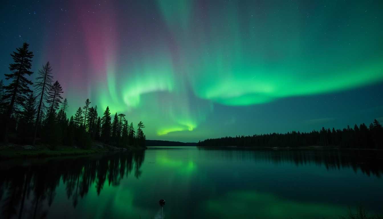 night time, looking over a lake, northern lights with green, purple, red dancing in the sky