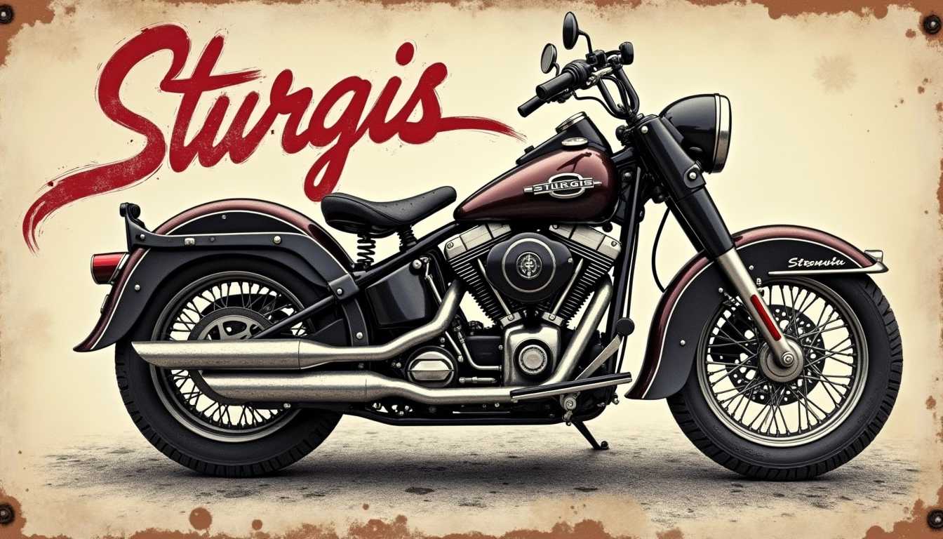 vintage and weathered metal motorcycle sign pencil scribbled cursive script, the words "STURGIS" in the background, strong sense of contrast, mix of avant-garde art