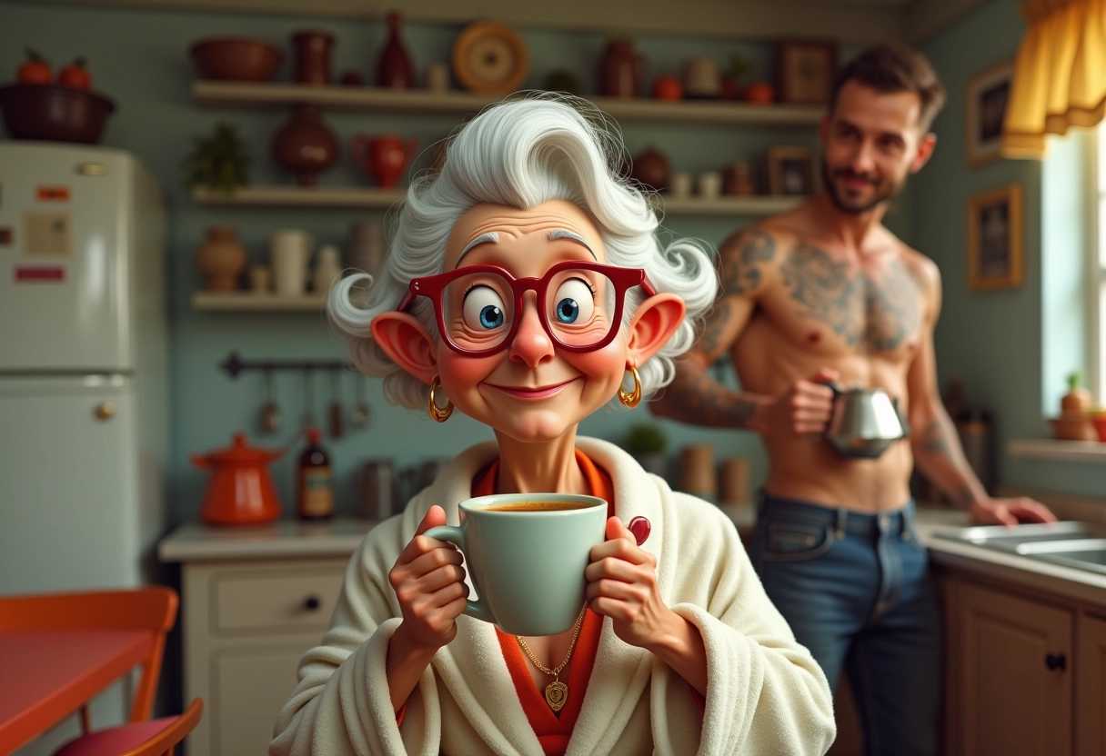 A whimsical, hyper-realistic image of a cartoonish cute smiling old woman granny dressed like a bathrobe, drinking coffee in the 1950's kitchen, wearing oversized red rimmed glasses. In the background a handsome, shirtless, mussels, tattoos, rugged man, making coffee.