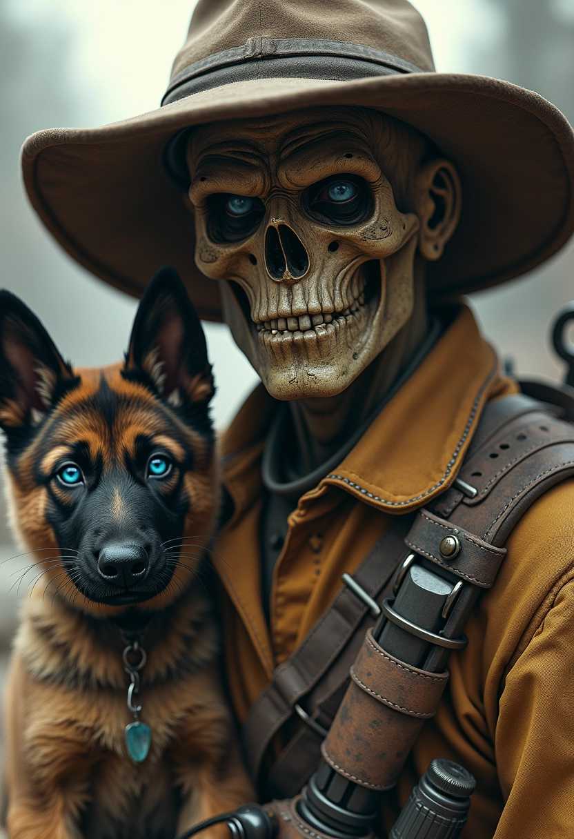 create an image of a Vault-Tec style of Fallout, a close up of The Ghoul, (ghoul face with skin 2.3) nice blue eyes, with a cowboy hat, ghoulish looking face, wrinkled melatonin skin, with his young Malinois Shepherd military puppy dog, bandolier with a long duster, six gun and belt. Background, dirty, a dystopian landscape, style of fallout