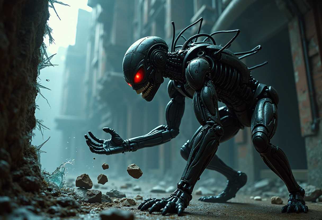 H. R. Giger-inspired artwork, a biomechanical spider-man figure in mid-action as it hurls rocks at a shattered, ominous window. The spider-man features intricate, biomechanical exoskeletons fused with sleek, human musculature, blending organic and mechanical elements seamlessly. The color palette is comprised of dark, metallic hues with eerie, bio-luminescent glows highlighting the mechanical parts. The background is a dystopian cityscape, filled with twisted, grotesque architecture bathed in dim, monochromatic lighting, and casting eerie shadows. The scene is illuminated with high-contrast lighting, creating a chiaroscuro effect that emphasizes the creature's sinister features and the reflective surfaces of its exoskeleton. The atmosphere is tense, with a cold, foreboding mood, and the broken window adds a sense of chaos and intruding violence. The camera angle is dynamic, capturing the spider-man in a dramatic, low-angle shot, enhancing the sense of power and menace.