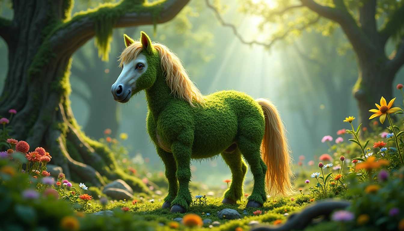 FaeTastic Details, An enchanting, highly detailed scene featuring a small, fantastical horse whose entire body is intricately covered with lush, vibrant grass. The horse, about the size of a large dog, stands in the middle of a magical forest clearing. The grass covering its body has a rich, green hue, with patches of tiny, colorful wildflowers interspersed throughout, adding bursts of red, blue, and yellow. 

The scene is illuminated by soft, dappled sunlight filtering through the dense canopy of ancient, towering trees. Rays of sunlight create a gentle glow around the horse, further enhancing the magical atmosphere. 

In the background, the forest is alive with details: twisted tree roots, thick moss hanging from branches, and a variety of otherworldly plants with glowing elements. The ground is carpeted with soft, emerald moss, and sparkling dew drops reflect the sunlight.

The artistic style is a mix of whimsical fantasy and hyper-realism, with a focus on intricate textures and vibrant, natural colors. The composition centers the horse, with a slight low-angle perspective to give a majestic feel despite the creature’s small size. The camera captures the scene with a