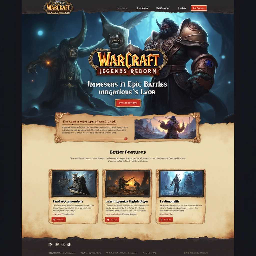 A web design draft for Warcraft game promotion:
Hero Section Title“Warcraft: Legends Reborn”.
Subtitle: “Immerse in Epic Battles and Timeless Lore”.
Background: Full-width video showcasing iconic game cinematics.CTA: “Play Free Now” button .Game Features section.Faction Introductions.Latest Expansion Highlights
Player.Testimonials.Upcoming Events and Tournaments