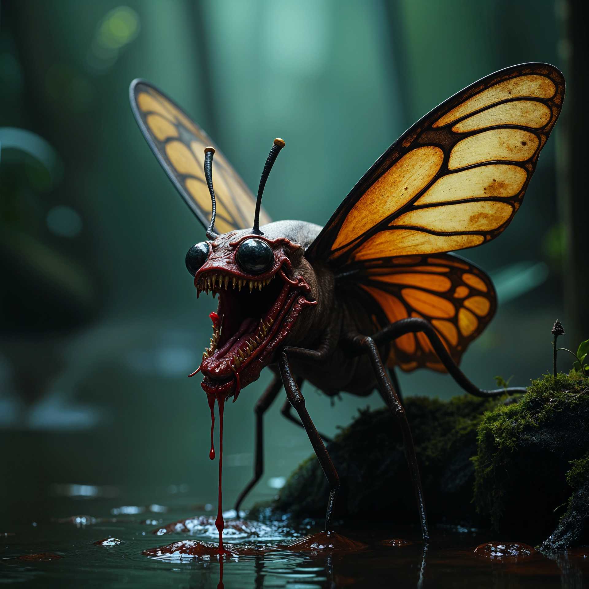 Monstrous Butterfly with Terrifying Features Lurking by a Pool of Blood