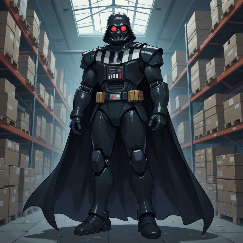 fca_style, a robot with dark vador in a warehouse