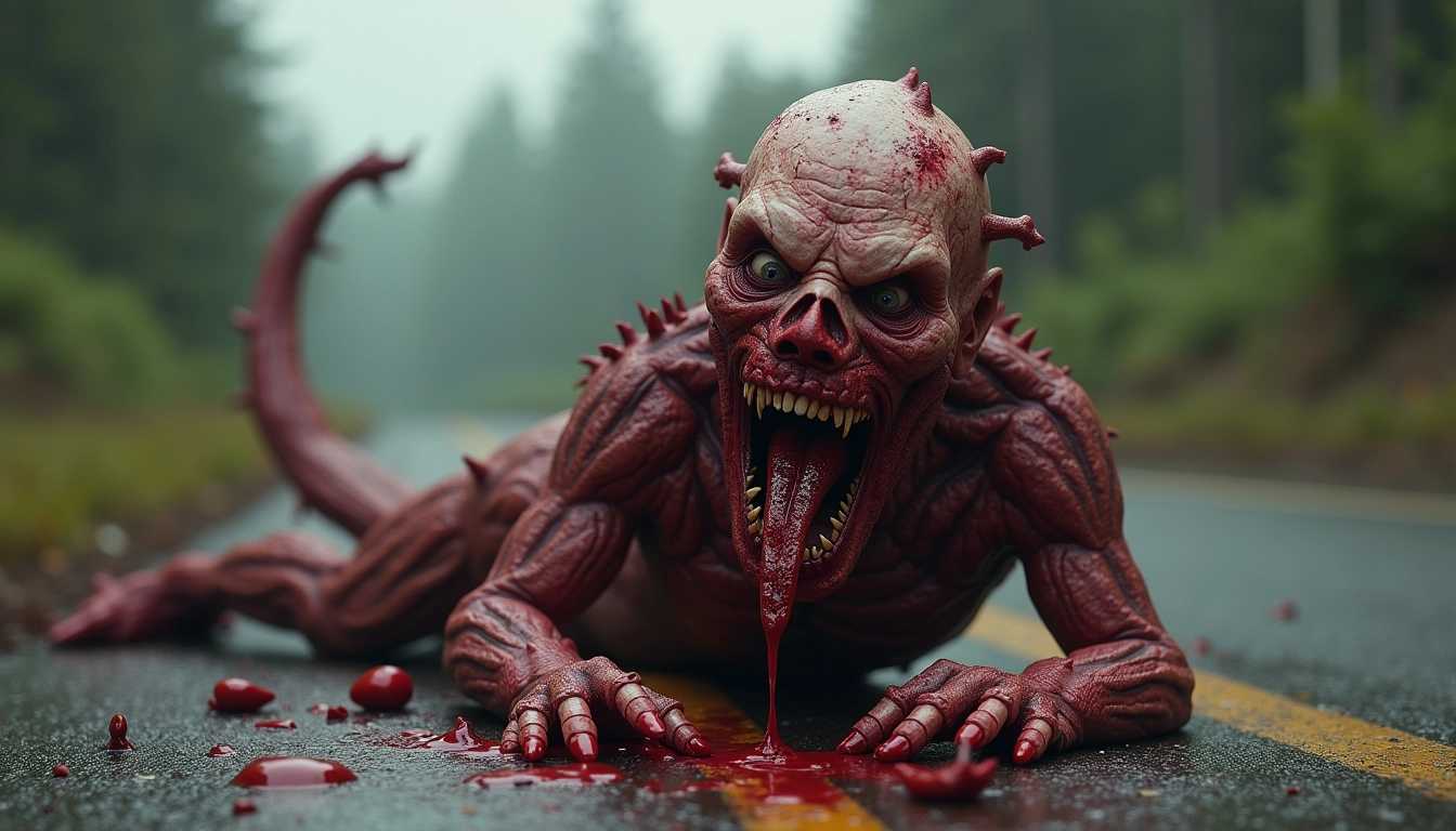 body horror, a dismembered monster full of blood, the souce on the road