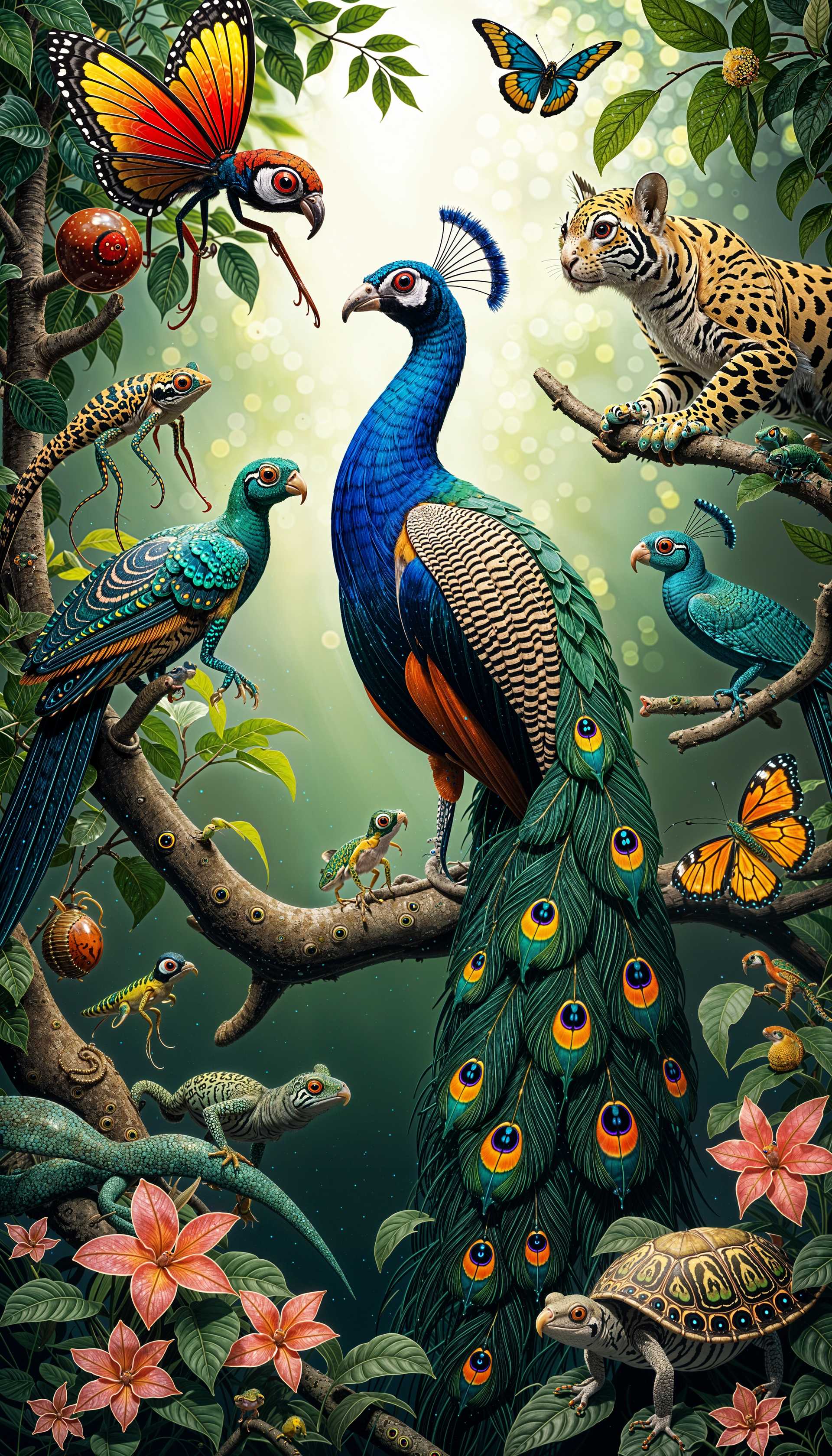 An Exotic Assemblage of Wildlife in a Lush, Imaginative Forest