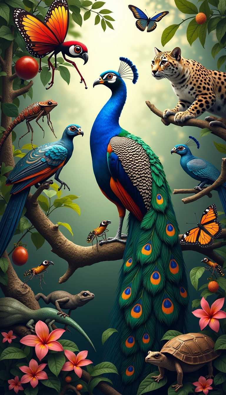 masterpiece, best quality, highres, sharp image, more detail <lora:more_details:0.5> <lora:SDXLrender_v2.0:1> Peacock, Metallic beetles, Glass frogs, Chameleon, Blue Morpho butterfly, Leaf-tailed gecko, Orchid mantis, Scarlet macaw, Snow leopard, Jewel wasp, Leaf insect, Poison dart frogs, Velvet ants, Emerald tree boa, Marbled polecat, Lyrebird, paradice byrds,  Resplendent quetzal, Golden pheasant, Albino peacock, Tortoise shells, Monarch butterfly,  Deep sea fish glowing in the dark, Anglerfish, Lanternfish, Dragonfish, Hatchetfish, Stoplight loosejaw, Cookiecutter shark, Viperfish, Gulper eel, Sloane’s viperfish, Flashlight fish, Black sea devil, Bristlemouth, Barreleye fish, Black dragonfish, Firefly squid, Giant siphonophore, Deep-sea jellyfish, Atolla jellyfish, Comb jellies, Glass squid, Bioluminescent octopus, Deep-sea shrimp, Bloodybelly comb jelly, Sea sapphire, Tomopteris worm,