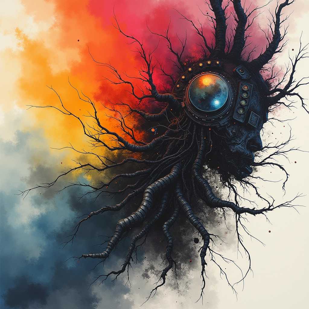 ink wash painting, retro aesthetic,vibrant, colorful palette, highly detailed,,limitless desolation, radical, dramatic angle, masterpiece, best quality, highly detailed, masterpiece text, official art, magnificent lighting, machine god, wires,