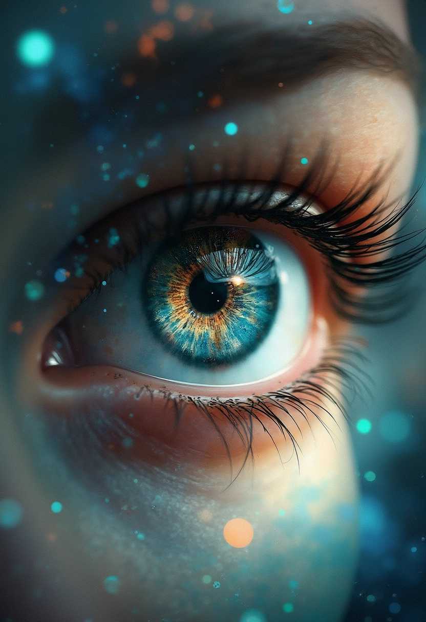 "A highly detailed, realistic photograph capturing the concept of the 'mind's eye.' The image should depict a human eye with intricate, vivid patterns and textures within the iris and pupil, symbolizing imagination and inner vision. Surrounding the eye, faint yet visible images of galaxies, dreamlike landscapes, and abstract shapes blend seamlessly into the background, representing thoughts and creativity. Soft, ethereal lighting highlights the eye, creating a mystical and contemplative atmosphere."