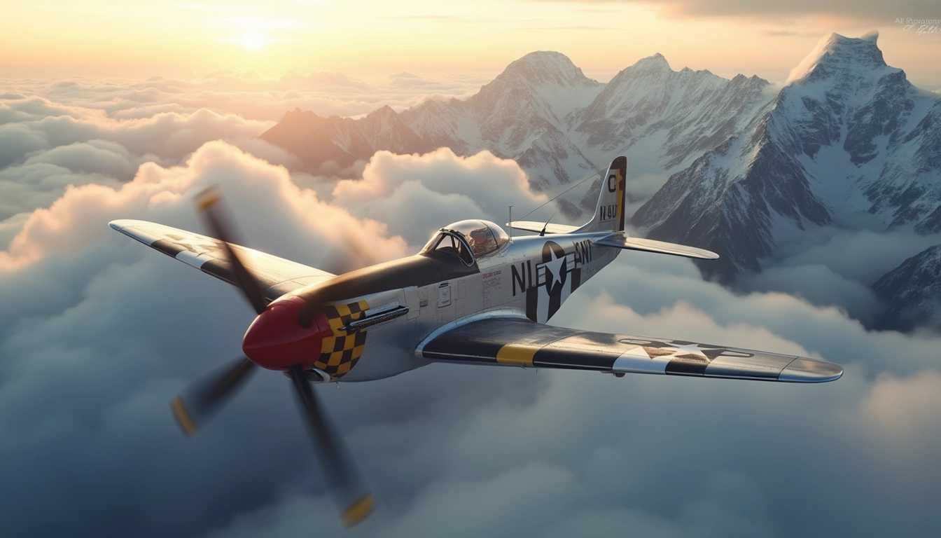 P-51D Mustang aircraft, flying through a sea of thick, white clouds, with rugged, snow-capped mountain peaks piercing through the cloud cover in the background. The aircraft, gleaming with polished metal, features its iconic red nose and yellow-striped wings reflecting the sunlight. The scene is set in the morning, with a golden sunrise casting long, dramatic shadows across the clouds and mountains. The image is captured from a dynamic, mid-air angle, giving a sense of speed and exhilaration. Soft, diffused light from the rising sun bathes the scene in a warm, ethereal glow. The overall atmosphere is one of excitement and grandeur, as the majestic P-51D Mustang soars gracefully through the sky. High dynamic range (HDR) photography technique enhances the contrast and vibrancy of the image, highlighting the intricate details of the aircraft and the rugged texture of the mountain peaks.