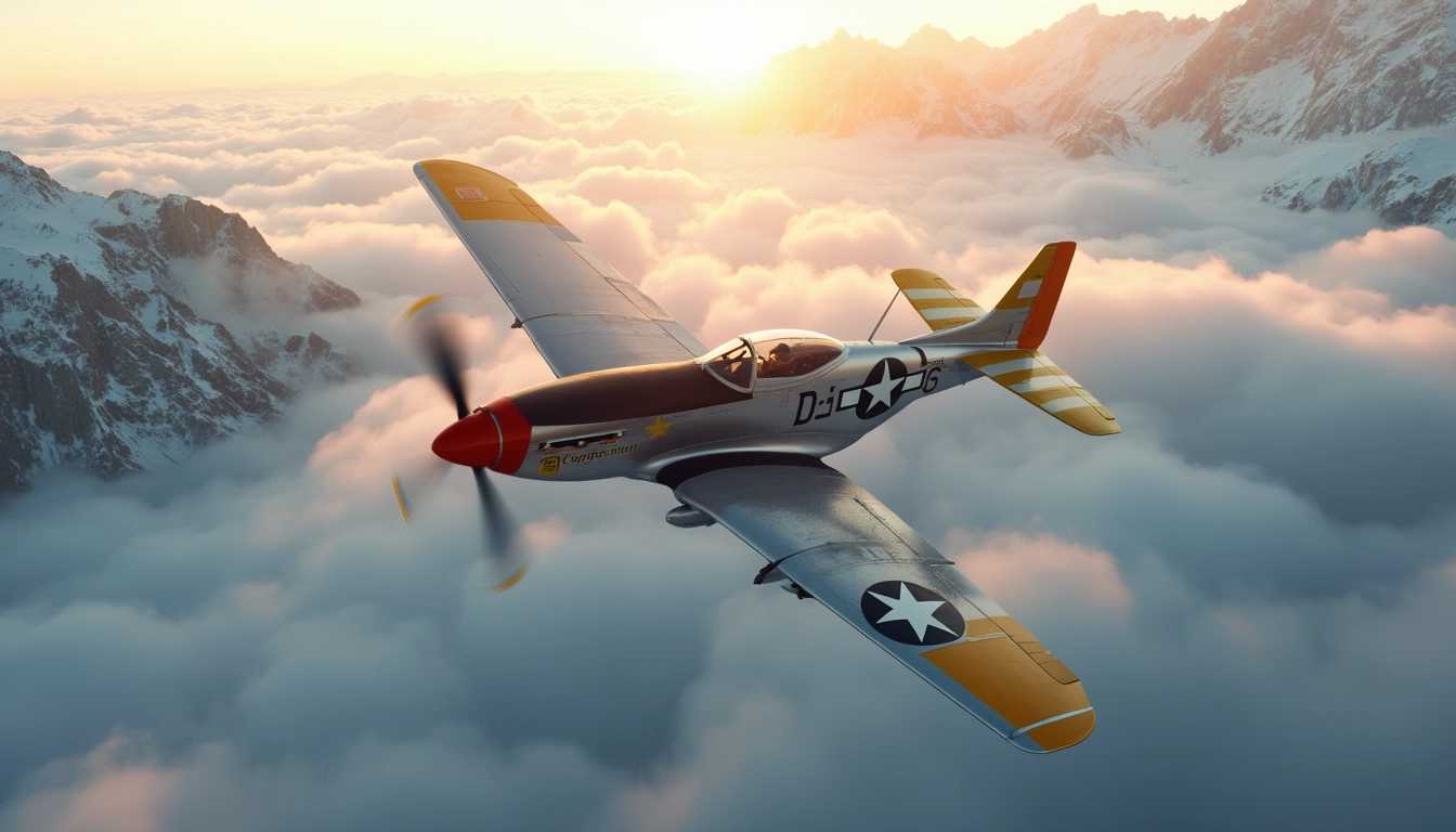 P-51D Mustang aircraft, flying through a sea of thick, white clouds, with rugged, snow-capped mountain peaks piercing through the cloud cover in the background. The aircraft, gleaming with polished metal, features its iconic red nose and yellow-striped wings reflecting the sunlight. The scene is set in the morning, with a golden sunrise casting long, dramatic shadows across the clouds and mountains. The image is captured from a dynamic, mid-air angle, giving a sense of speed and exhilaration. Soft, diffused light from the rising sun bathes the scene in a warm, ethereal glow. The overall atmosphere is one of excitement and grandeur, as the majestic P-51D Mustang soars gracefully through the sky. High dynamic range (HDR) photography technique enhances the contrast and vibrancy of the image, highlighting the intricate details of the aircraft and the rugged texture of the mountain peaks.