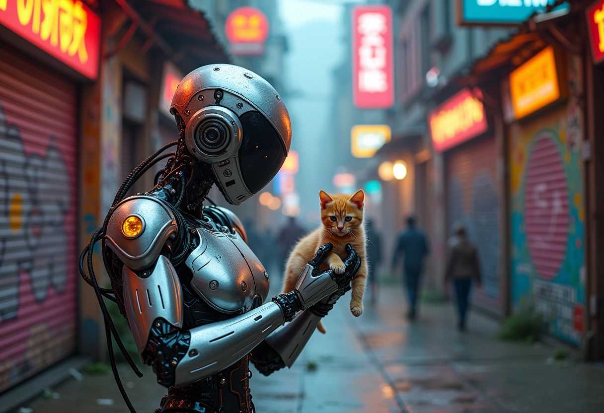 An awe-inspiring futuristic scene of a highly advanced robot adorned with intricate cybernetic details, tenderly picking up a small,lost orange kitten. The robot's metallic body shines under the neon lights of a narrow street, with graffiti-covered buildings and holographic advertisements creating a vivid, dystopian cityscape. The atmosphere is a captivating blend of urban decay and pulsating energy, as the robot's gentle act brings a sense of hope amidst the chaos., graffiti, vibrant