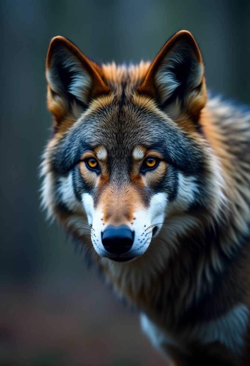 a wolf portrait shot, 4K resolution, original and realistic, cinematic color grading, moody atmosphere, detailed and lifelike, stunning and captivating, wallpaper moody color grading, cute,