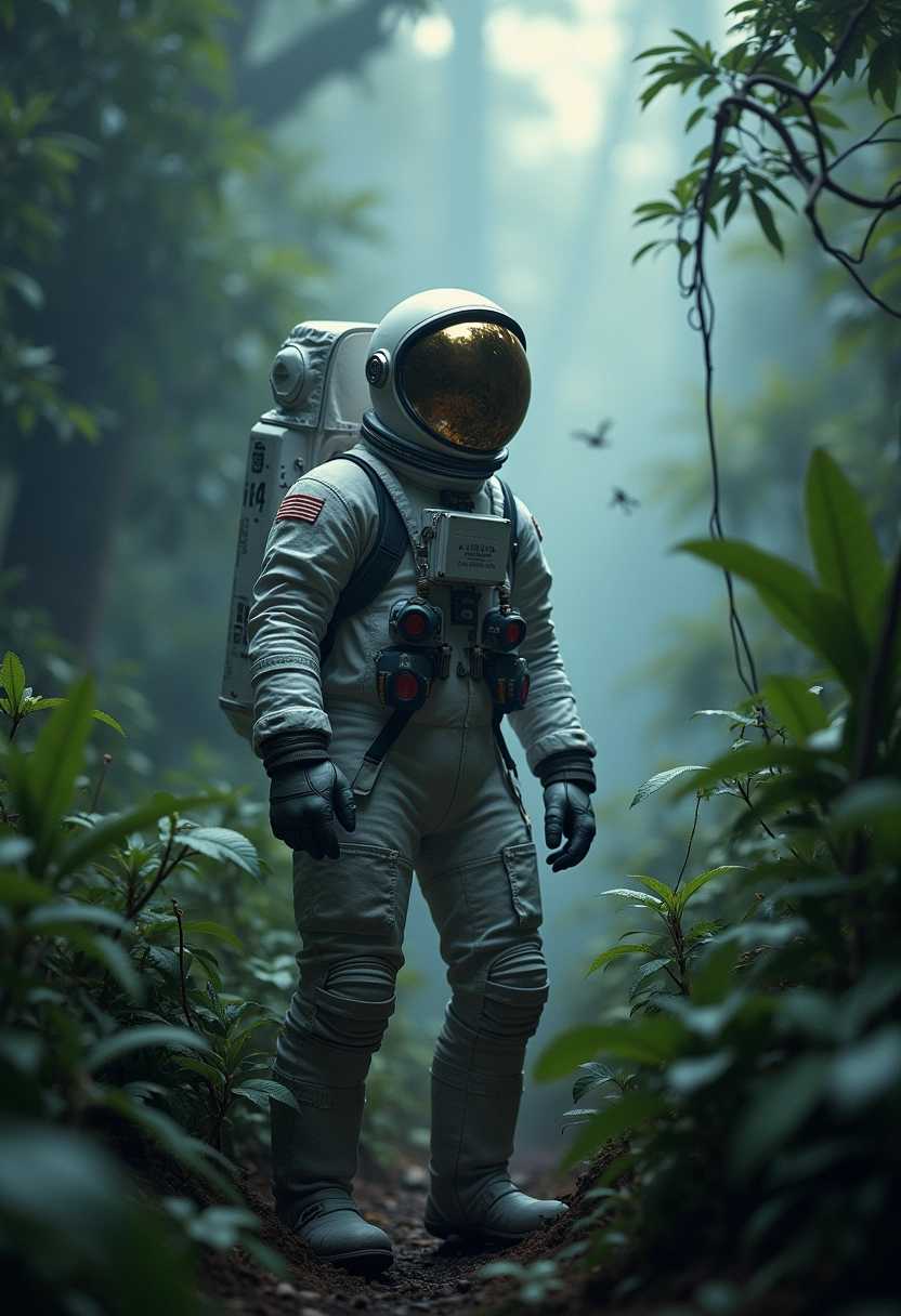 Astronaut in a jungle, looking at viewer, cold color palette, muted colors, detailed, 8k